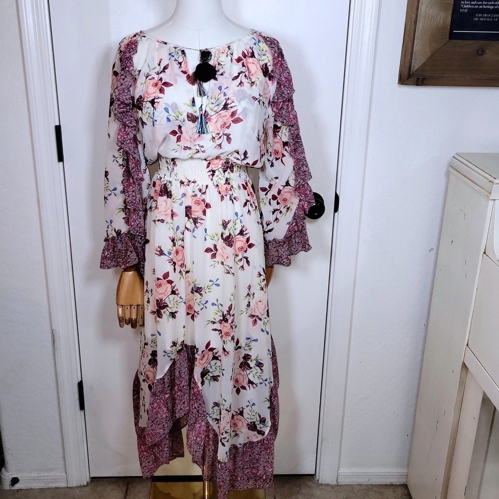 MISA Los Angeles Floral Ruffle Boho Midi Maxi Dress XS Purple White Tiered